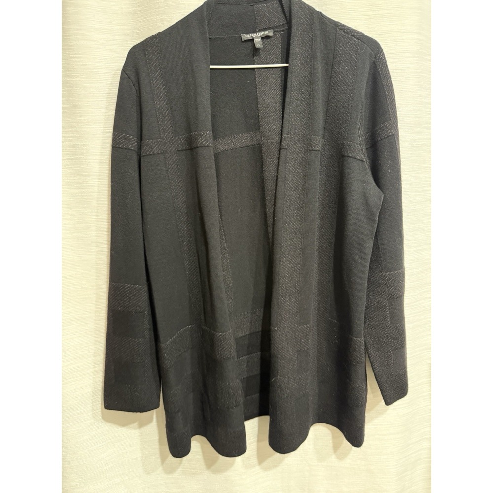 EILEEN FISHER Black Merino Cotton Plaid Open Front Straight Cardigan Sz Petite L